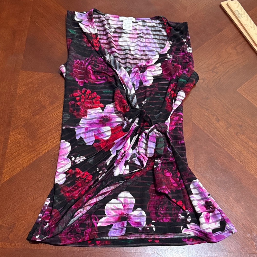 Cache Floral V-Neck Blouse wrap tie top stretch Small Sv neck
